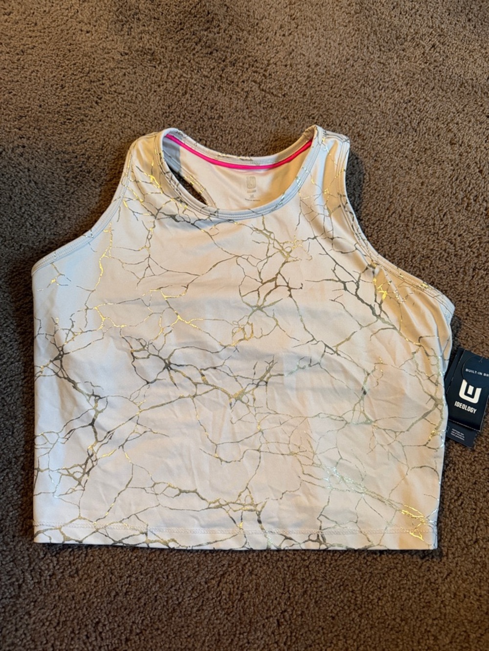 Cream Marble-Print Crop Tank with Gold Veining Size M Women’s NWT Built in bra